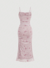 Floral Print Ruched Mesh Cami Long Dress